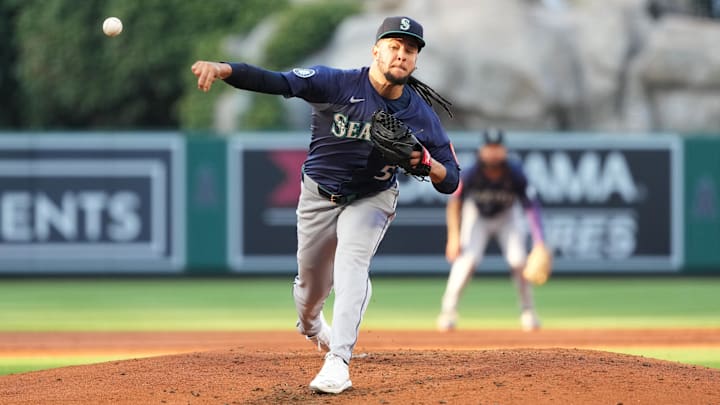 Seattle Mariners pitcher Luis Castillo throws during a game against the Los Angeles Angels on June 7 at Angel Stadium.