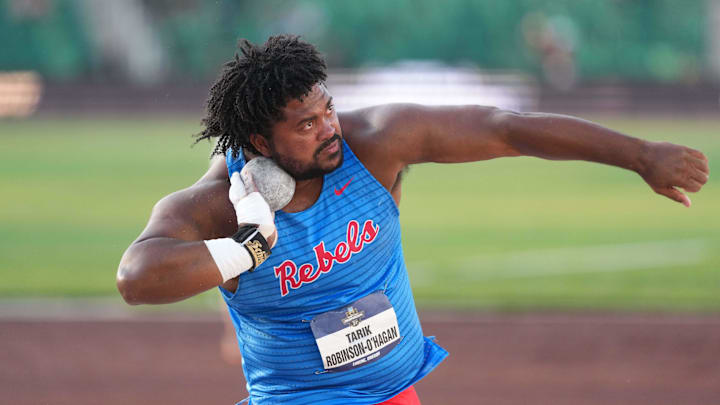 Tarik Robinson O'Hagan of Mississippi places third in the shot put at 66-11 1/2/ (20.41m) during the NCAA Track and Field Championships 2025