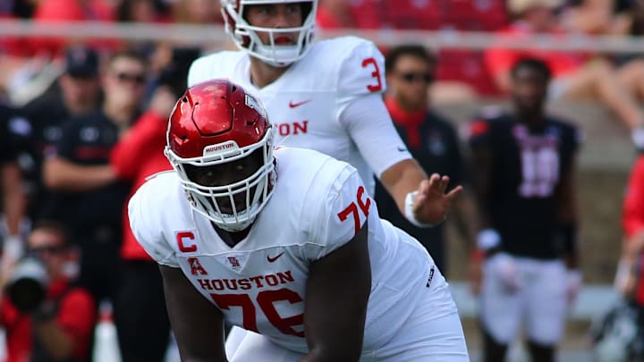 Sep 10, 2022; Lubbock, Texas, USA;  Houston Cougars offensive lineman Patrick Paul (76) prepares to