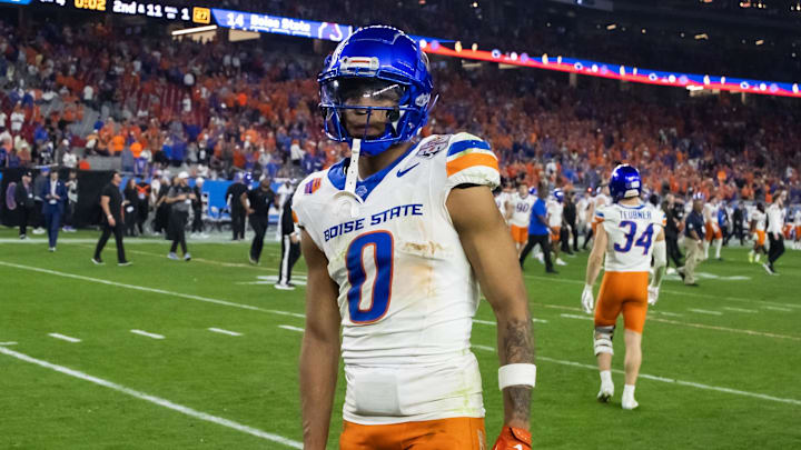 Dec 31, 2024; Glendale, AZ, USA; Boise State Broncos safety Ty Benefield (0) against the Penn State Nittany Lions during the Fiesta Bowl at State Farm Stadium. Mandatory Credit: Mark J. Rebilas-Imagn Images