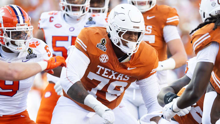 Dec 21, 2024; Austin, Texas, USA; Texas Longhorns offensive lineman Kelvin Banks Jr. (78) against the Clemson Tigers during the CFP National playoff first round at Darrell K Royal-Texas Memorial Stadium. Mandatory Credit: Mark J. Rebilas-Imagn Images Dec 21, 2024; Austin, Texas, USA; Texas Longhorns offensive lineman Kelvin Banks Jr. (78) against the Clemson Tigers during the CFP National playoff first round at Darrell K Royal-Texas Memorial Stadium. Mandatory Credit: Mark J. Rebilas-Imagn Images