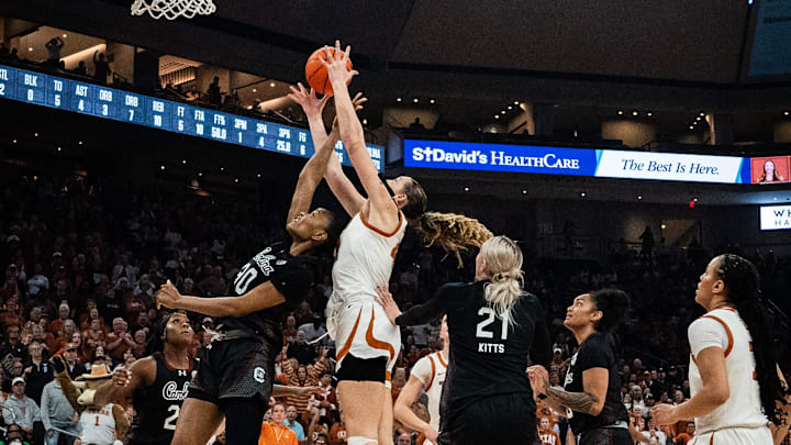 Texas Longhorns forward Taylor Jones (44) win the rebound over South Carolina Gamecocks forward Maryam Dauda (30) in the first half as the Texas Longhorns take on the South Carolina Gamecocks at the Moody Center, Feb. 9, 2025.