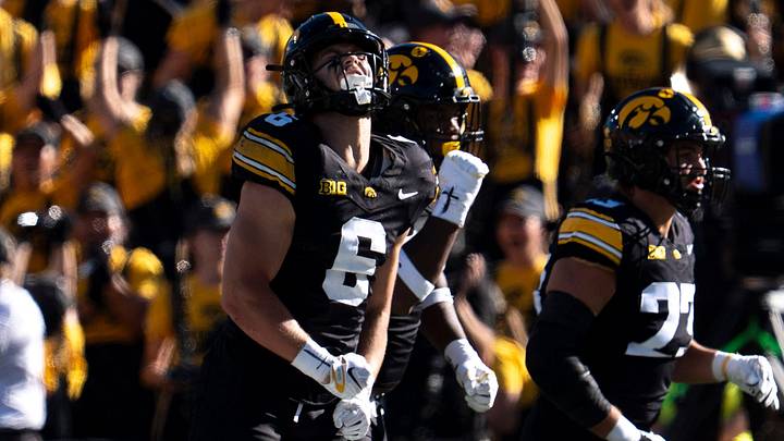 Iowa Hawkeyes defensive back Zach Lutmer (6) celebrates after Ohio State misses a field goal Oct. 3, 2026 at Kinnick Stadium in Iowa City, Iowa.