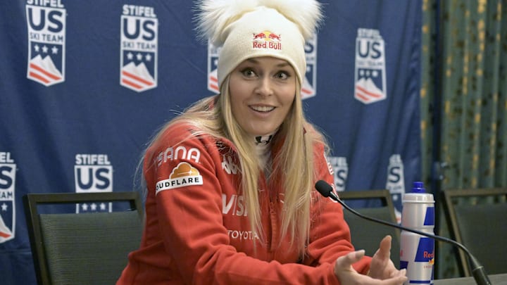 Lindsey Vonn speaks at a US Ski Team press conference at The Osprey. Lindsey Vonn speaks at a US Ski Team press conference at The Osprey.
