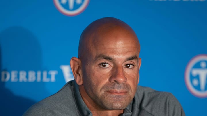 Tennessee Titans Coach Robert Saleh fields questions from the media at Vanderbilt Health Football Center Friday, April 24, 2026.