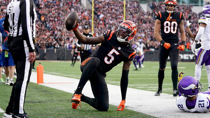 Dec 16, 2023; Cincinnati, Ohio, USA; Cincinnati Bengals wide receiver Tee Higgins (5) gestures toward the official after catching a touchdown pass as Minnesota Vikings cornerback Akayleb Evans (21) defends in the fourth quarter at Paycor Stadium. Mandatory Credit: Kareem Elgazzar/The Enquirer-Imagn Images