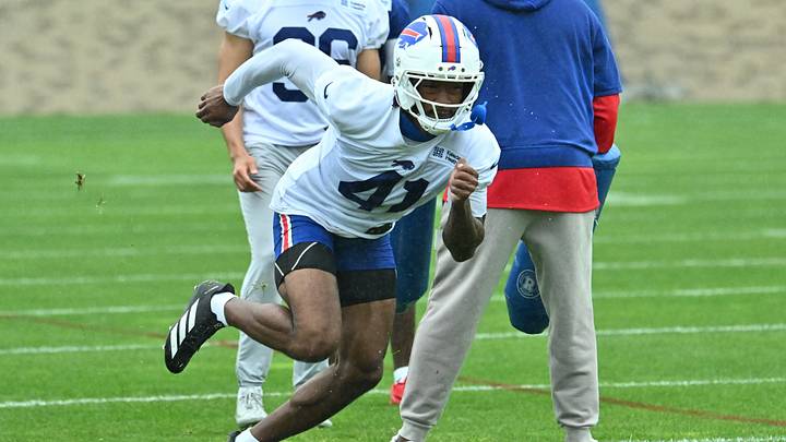 Jul 29, 2026; Rochester, NY, USA; Buffalo Bills defensive back Kani Walker (41) runs a drill during training camp at St. John Fisher University. Jul 29, 2026; Rochester, NY, USA; Buffalo Bills defensive back Kani Walker (41) runs a drill during training camp at St. John Fisher University.