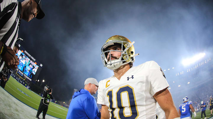 Sep 30, 2023; Durham, North Carolina, USA; Notre Dame Fighting Irish quarterback Sam Hartman (10)