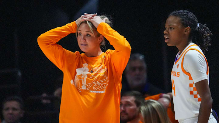 Tennessee Lady Vols head coach Kim Caldwell and Tennessee guard Kaniya Boyd (4) look in disbelief after a call during a women's college basketball game between the Lady Vols and Mississippi State at Thompson-Boling Arena at Food City Center on Thursday, Jan. 16, 2025. Tennessee Lady Vols head coach Kim Caldwell and Tennessee guard Kaniya Boyd (4) look in disbelief after a call during a women's college basketball game between the Lady Vols and Mississippi State at Thompson-Boling Arena at Food City Center on Thursday, Jan. 16, 2025.