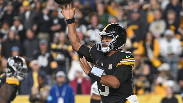 Oct 20, 2024; Pittsburgh, Pennsylvania, USA; Pittsburgh Steelers quarterback Russell Wilson (3) throws a pass against the New York Jets during the third quarter at Acrisure Stadium. Mandatory Credit: Barry Reeger-Imagn Images
