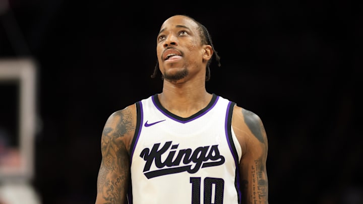 Mar 14, 2025; Phoenix, Arizona, USA; Sacramento Kings forward DeMar DeRozan (10) against the Phoenix Suns at Footprint Center. Mandatory Credit: Mark J. Rebilas-Imagn Images
