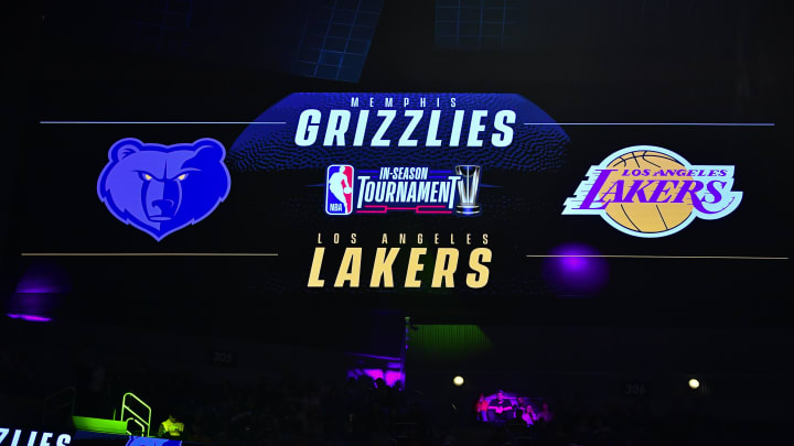 Nov 14, 2023; Los Angeles, California, USA; Video board displaying match up for the In Season Tournamanet game between the Los Angeles Lakers and Memphis Grizzlies at Crypto.com Arena. Mandatory Credit: Gary A. Vasquez-USA TODAY Sports