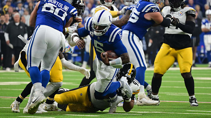 Sep 29, 2024; Indianapolis, Indiana, USA; Pittsburgh Steelers defensive tackle Cameron Heyward (97) tackles Indianapolis Colts quarterback Anthony Richardson (5) during the first quarter at Lucas Oil Stadium. Mandatory Credit: Marc Lebryk-Imagn Images Sep 29, 2024; Indianapolis, Indiana, USA; Pittsburgh Steelers defensive tackle Cameron Heyward (97) tackles Indianapolis Colts quarterback Anthony Richardson (5) during the first quarter at Lucas Oil Stadium. Mandatory Credit: Marc Lebryk-Imagn Images