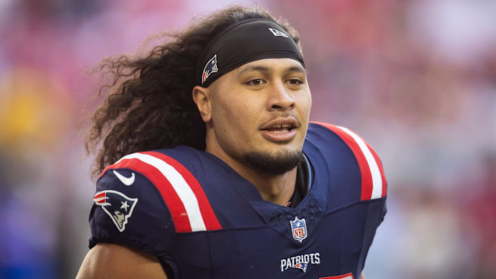 Dec 15, 2024; Glendale, Arizona, USA; New England Patriots linebacker Jahlani Tavai (48) against the Arizona Cardinals at State Farm Stadium. Mandatory Credit: Mark J. Rebilas-Imagn Images