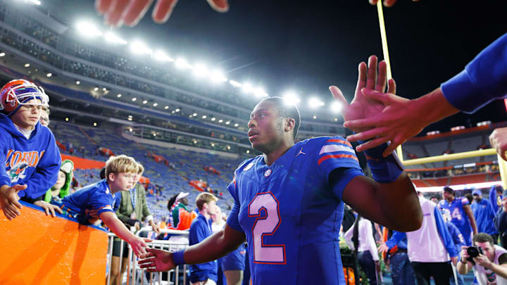 Nov 29, 2025; Gainesville, Florida, USA; Florida Gators quarterback DJ Lagway (2) leaves the field after a game against the Florida State Seminoles at Ben Hill Griffin Stadium. Mandatory Credit: Matt Pendleton-Imagn Images