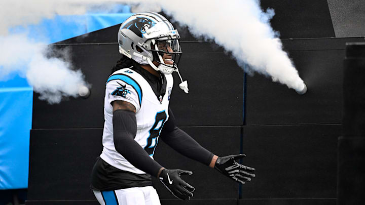 Dec 15, 2024; Charlotte, North Carolina, USA; Carolina Panthers cornerback Jaycee Horn (8) runs on to the field before the game at Bank of America Stadium. Mandatory Credit: Bob Donnan-Imagn Images Dec 15, 2024; Charlotte, North Carolina, USA; Carolina Panthers cornerback Jaycee Horn (8) runs on to the field before the game at Bank of America Stadium. Mandatory Credit: Bob Donnan-Imagn Images