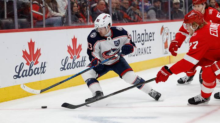 Apr 7, 2026; Detroit, Michigan, USA;  Columbus Blue Jackets right wing Conor Garland (83) skates with the puck in the first period against the Detroit Red Wings at Little Caesars Arena. Mandatory Credit: Rick Osentoski-Imagn Images