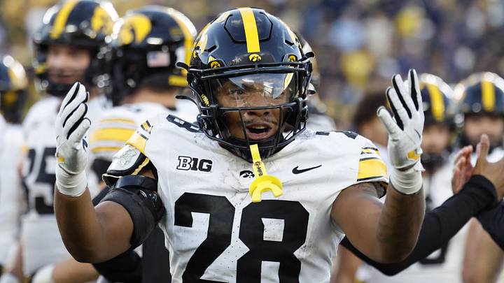 Sep 26, 2026; Ann Arbor, Michigan, USA;  Iowa Hawkeyes running back Kamari Moulton (28) reacts after the game against the Michigan Wolverines at Michigan Stadium.  Mandatory Credit: Rick Osentoski-Imagn Images