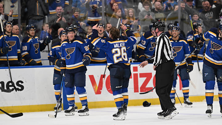 Jan 16, 2025; St. Louis, Missouri, USA; St. Louis Blues left wing Nathan Walker (26) reacts after fighting Calgary Flames defenseman Brayden Pachal (94) in the third period at Enterprise Center. Mandatory Credit: Joe Puetz-Imagn Images