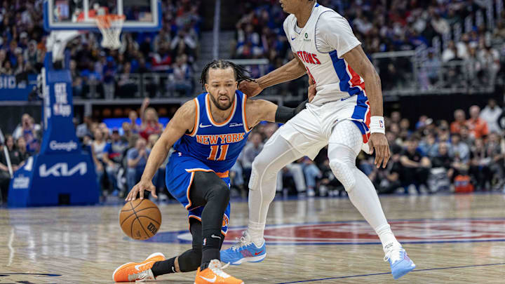 Apr 27, 2025; Detroit, Michigan, USA; Detroit Pistons forward Ausar Thompson (9) defends against New York Knicks guard Jalen Brunson (11) during the second quarter of game four of first round for the 2025 NBA Playoffs at Little Caesars Arena. Mandatory Credit: David Reginek-Imagn Images