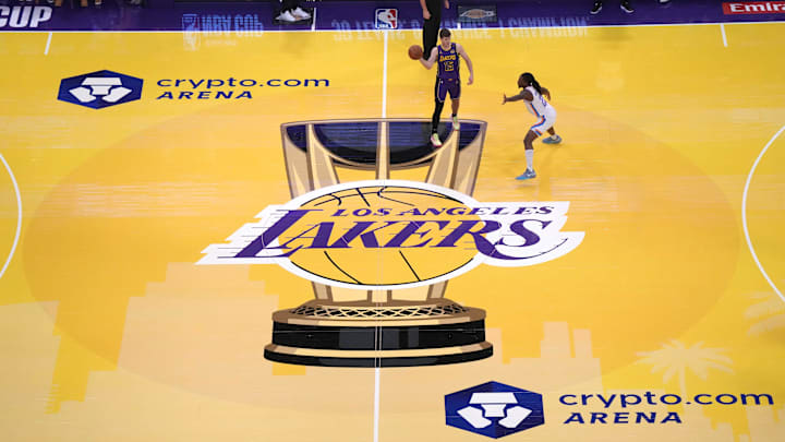 Nov 29, 2024; Los Angeles, California, USA; A general overall view as Los Angeles Lakers guard Austin Reaves (15) passes the ball against Oklahoma City Thunder guard Cason Wallace (22) in the first half of a NBA Cup game at Crypto.com Arena. Mandatory Credit: Kirby Lee-Imagn Images Nov 29, 2024; Los Angeles, California, USA; A general overall view as Los Angeles Lakers guard Austin Reaves (15) passes the ball against Oklahoma City Thunder guard Cason Wallace (22) in the first half of a NBA Cup game at Crypto.com Arena. Mandatory Credit: Kirby Lee-Imagn Images
