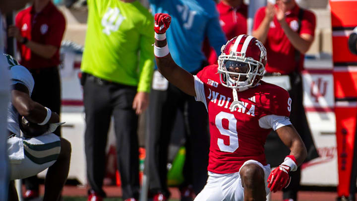Indiana's Jamier Johnson (9) celebrates a third down stop during the Indiana versus Charlotte football game at Memorial Stadium on Saturday, Sept. 21, 2024. Indiana's Jamier Johnson (9) celebrates a third down stop during the Indiana versus Charlotte football game at Memorial Stadium on Saturday, Sept. 21, 2024.
