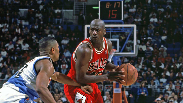 Unknown Date; Cleveland, OH, USA; FILE PHOTO; Chicago Bulls guard (45) Michael Jordan wears jersey#45 shortly after his return from a brief retirement following playing
baseball against the Cleveland Cavaliers at Gund Arena. Mandatory Credit: Photo By Imagn Images (c) Copyright Imagn Images

