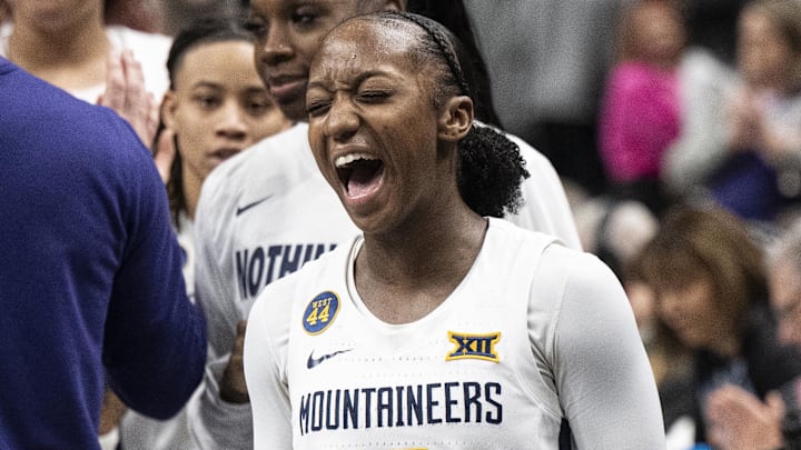 Mar 7, 2025; Kansas City, MO, USA; West Virginia Mountaineers guard Jordan Harrison (10) celebrates after defeating the Kansas State Wildcats at T-Mobile Center. Mandatory Credit: Amy Kontras-Imagn Images Mar 7, 2025; Kansas City, MO, USA; West Virginia Mountaineers guard Jordan Harrison (10) celebrates after defeating the Kansas State Wildcats at T-Mobile Center. Mandatory Credit: Amy Kontras-Imagn Images