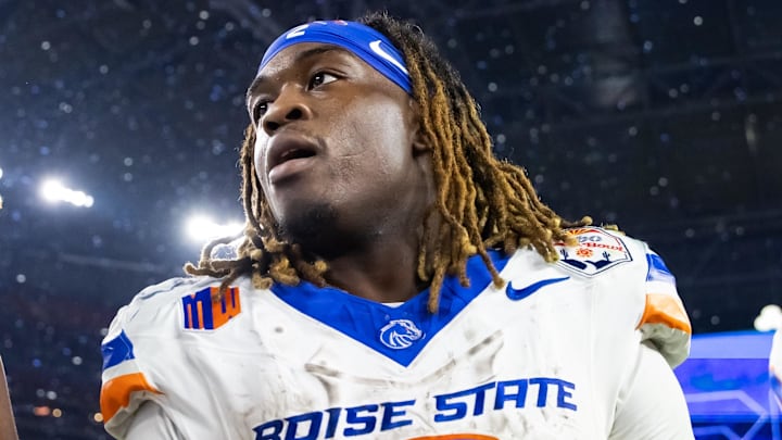 Dec 31, 2024; Glendale, AZ, USA; Boise State Broncos running back Ashton Jeanty (2) against the Penn State Nittany Lions during the Fiesta Bowl at State Farm Stadium. Mandatory Credit: Mark J. Rebilas-Imagn Images