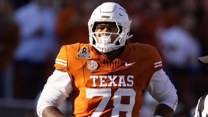 Dec 21, 2024; Austin, Texas, USA; Texas Longhorns offensive lineman Kelvin Banks Jr. (78) against the Clemson Tigers during the CFP National playoff first round at Darrell K Royal-Texas Memorial Stadium. Mandatory Credit: Mark J. Rebilas-Imagn Images