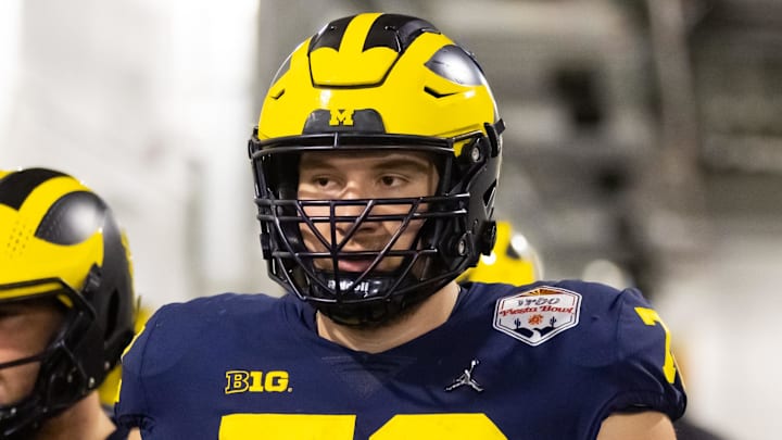 Dec 31, 2022; Glendale, Arizona, USA; Michigan Wolverines offensive lineman Tristan Bounds (72) against the TCU Horned Frogs during the 2022 Fiesta Bowl at State Farm Stadium. Mandatory Credit: Mark J. Rebilas-Imagn Images