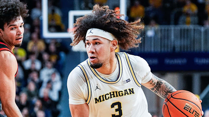 Michigan guard Tre Donaldson (3) dribbles against Maryland during the second half at Crisler Center in Ann Arbor on Wednesday, March 5, 2025.