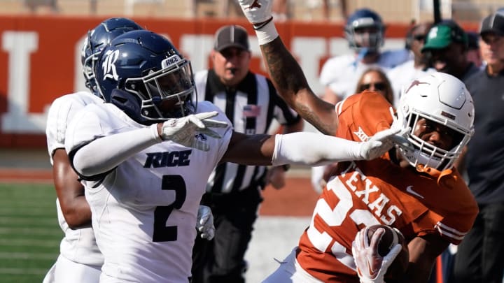 Sep 2, 2023; Austin, Texas, USA; Texas Longhorns running back Jaydon Blue (23) against Rice Owls