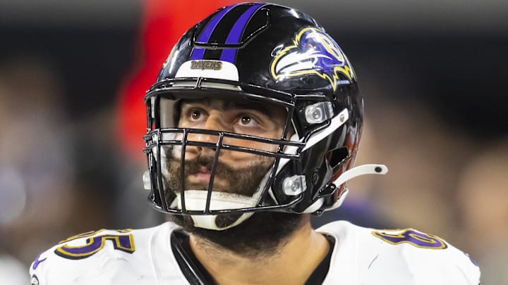 Sep 13, 2021; Paradise, Nevada, USA; Baltimore Ravens guard Patrick Mekari (65) against the Las Vegas Raiders during Monday Night Football at Allegiant Stadium. Mandatory Credit: Mark J. Rebilas-Imagn Images