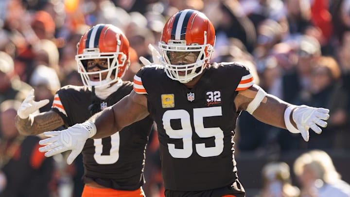 Nov 19, 2023; Cleveland, Ohio, USA; Cleveland Browns defensive end Myles Garrett (95) celebrates after a sack against the Pittsburgh Steelers during the first quarter at Cleveland Browns Stadium. Mandatory Credit: Scott Galvin-USA TODAY Sports