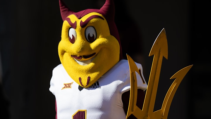 Nov 30, 2024; Tucson, Arizona, USA; Arizona State Sun Devils mascot Sparky during the Territorial Cup at Arizona Stadium. Mandatory Credit: Mark J. Rebilas-Imagn Images