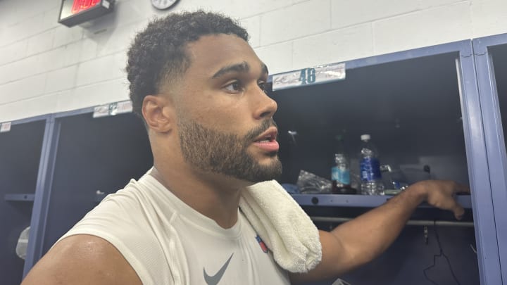 Patrick Johnson talks aout his strip sack fumble recovery to help the Eagles beat the Ravens, 16-13, in the preseason opener o Aug. 9, 2024. Patrick Johnson talks aout his strip sack fumble recovery to help the Eagles beat the Ravens, 16-13, in the preseason opener o Aug. 9, 2024.