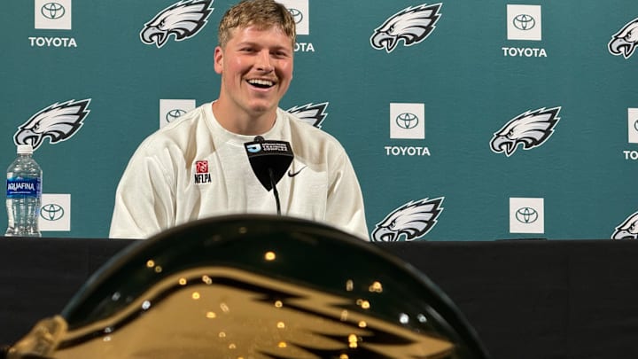 Cole Payton meets with reporters after the Eagles drafted the quarterback from North Dakota State in the fifth round of the 2026 NFL Draft.
