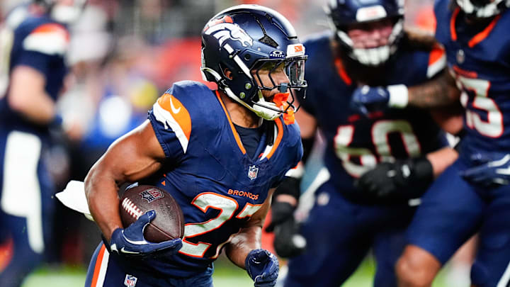 Sep 29, 2025; Denver, Colorado, USA; Denver Broncos running back J.K. Dobbins (27) rushes during the fourth quarter against the Cincinnati Bengals at Empower Field at Mile High. Sep 29, 2025; Denver, Colorado, USA; Denver Broncos running back J.K. Dobbins (27) rushes during the fourth quarter against the Cincinnati Bengals at Empower Field at Mile High.