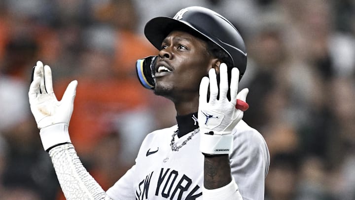 New York Yankees second baseman Jazz Chisholm Jr. (13) celebrates a solo home run in the in the fourth inning against the Houston Astros at Daikin Park.
