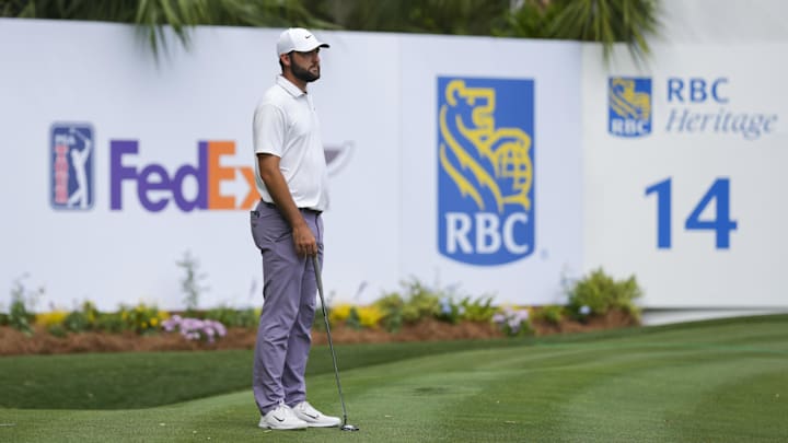Apr 20, 2024; Hilton Head, South Carolina, USA; Scottie Scheffler stands on the 14th green during the third round of the RBC Heritage golf tournament. Mandatory Credit: Aaron Doster-Imagn Images