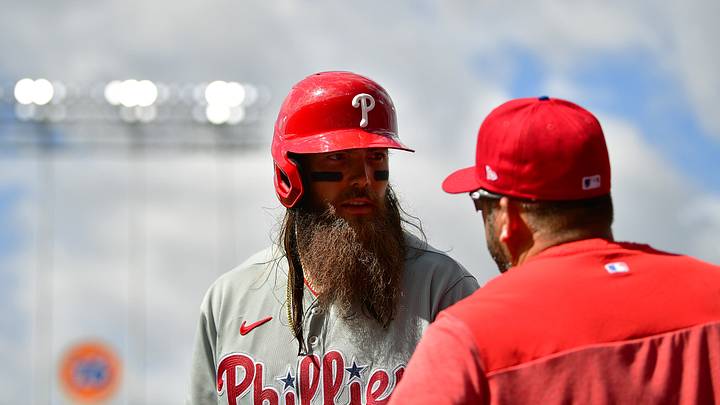 May 3, 2023; Los Angeles, California, USA; Philadelphia Phillies center fielder Brandon Marsh (16) speaks with hitting coach Kevin Long (53) before hitting against the Los Angeles Dodgers. during the eighth inning at Dodger Stadium. Mandatory Credit: Gary A. Vasquez-USA TODAY Sports May 3, 2023; Los Angeles, California, USA; Philadelphia Phillies center fielder Brandon Marsh (16) speaks with hitting coach Kevin Long (53) before hitting against the Los Angeles Dodgers. during the eighth inning at Dodger Stadium. Mandatory Credit: Gary A. Vasquez-USA TODAY Sports