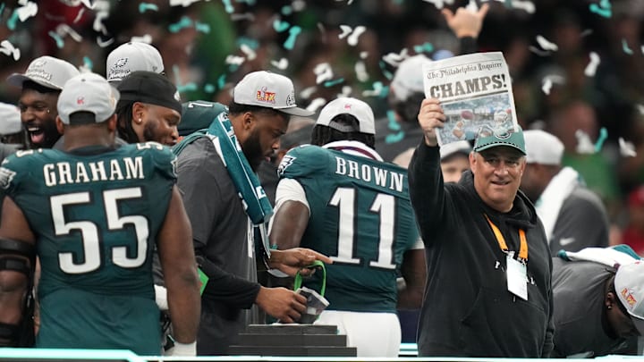 Former Bears defensive coordinator Vic Fangio, the Eagles defensive coordinator, celebrates the Super Bowl win in February.