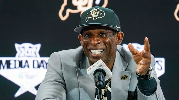 Jul 9, 2025; Frisco, TX, USA; Colorado head coach Deion Sanders speaks with the media during 2025 Big 12 Football Media Days at The Star. Mandatory Credit: Raymond Carlin III-Imagn Images