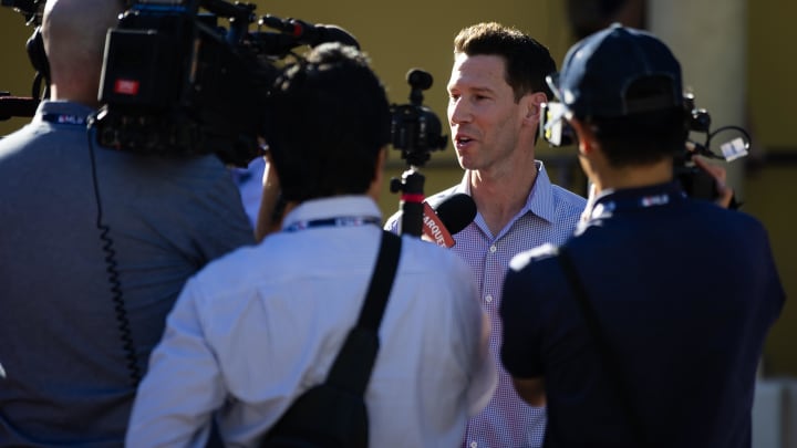Nov 7, 2023; Scottsdale, AZ, USA; Boston Red Six chief baseball officer Craig Breslow speaks to the media during the MLB General Manager's Meetings at Omni Scottsdale Resort & Spa. Mandatory Credit: Mark J. Rebilas-USA TODAY Sports Nov 7, 2023; Scottsdale, AZ, USA; Boston Red Six chief baseball officer Craig Breslow speaks to the media during the MLB General Manager's Meetings at Omni Scottsdale Resort & Spa. Mandatory Credit: Mark J. Rebilas-USA TODAY Sports