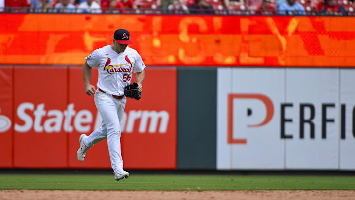 Sep 22, 2024; St. Louis, Missouri, USA; St. Louis Cardinals relief pitcher Ryan Helsley (56) enters the game against the Cleveland Guardians during the ninth inning at Busch Stadium. Mandatory Credit: Jeff Curry-Imagn Images Sep 22, 2024; St. Louis, Missouri, USA; St. Louis Cardinals relief pitcher Ryan Helsley (56) enters the game against the Cleveland Guardians during the ninth inning at Busch Stadium. Mandatory Credit: Jeff Curry-Imagn Images