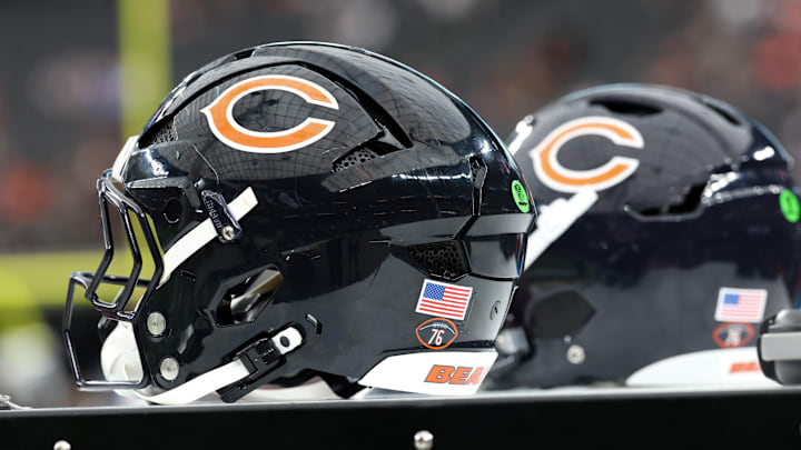 Sep 28, 2025; Paradise, Nevada, USA; A general view of Chicago Bears helmets before the start of the game against Las Vegas Raiders at Allegiant Stadium. Mandatory Credit: Kiyoshi Mio-Imagn Images