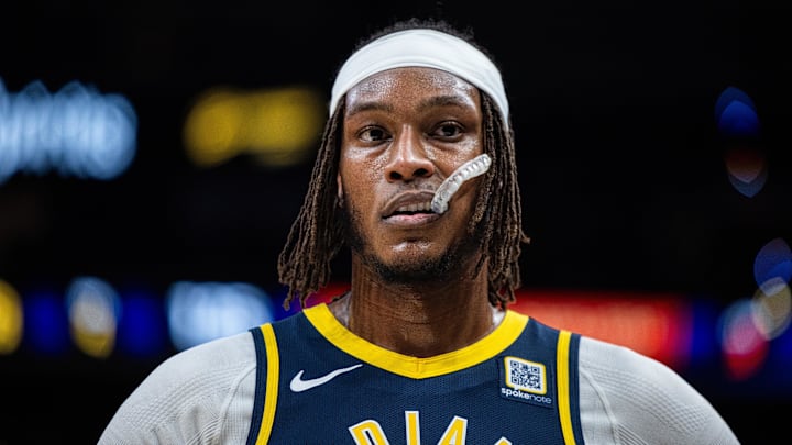 Jan 14, 2025; Indianapolis, Indiana, USA;  Indiana Pacers center Myles Turner (33) in the second half against the Cleveland Cavaliers at Gainbridge Fieldhouse. Mandatory Credit: Trevor Ruszkowski-Imagn Images