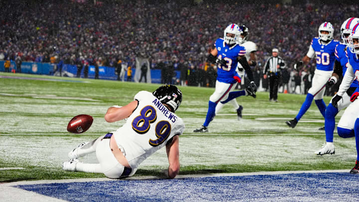 Baltimore Ravens tight end Mark Andrews drops a pass on a two-point conversion late in the fourth quarter against the Buffalo Bills/