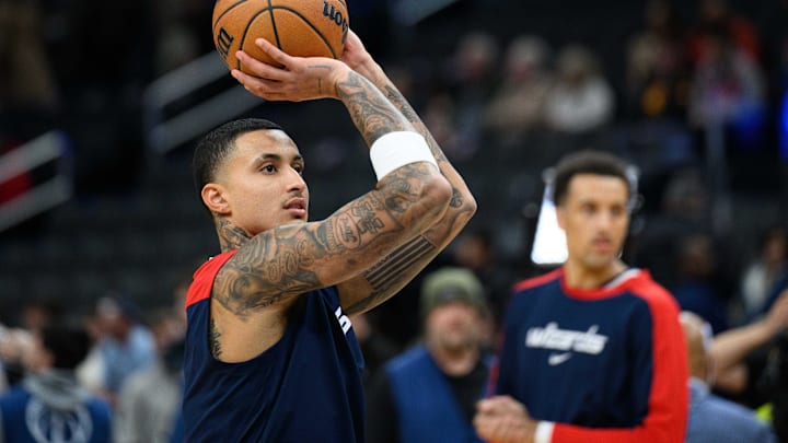 Nov 27, 2024; Washington, District of Columbia, USA; Washington Wizards forward Kyle Kuzma (33) warms up before the game between the Washington Wizards and the LA Clippers at Capital One Arena. Mandatory Credit: Reggie Hildred-Imagn Images